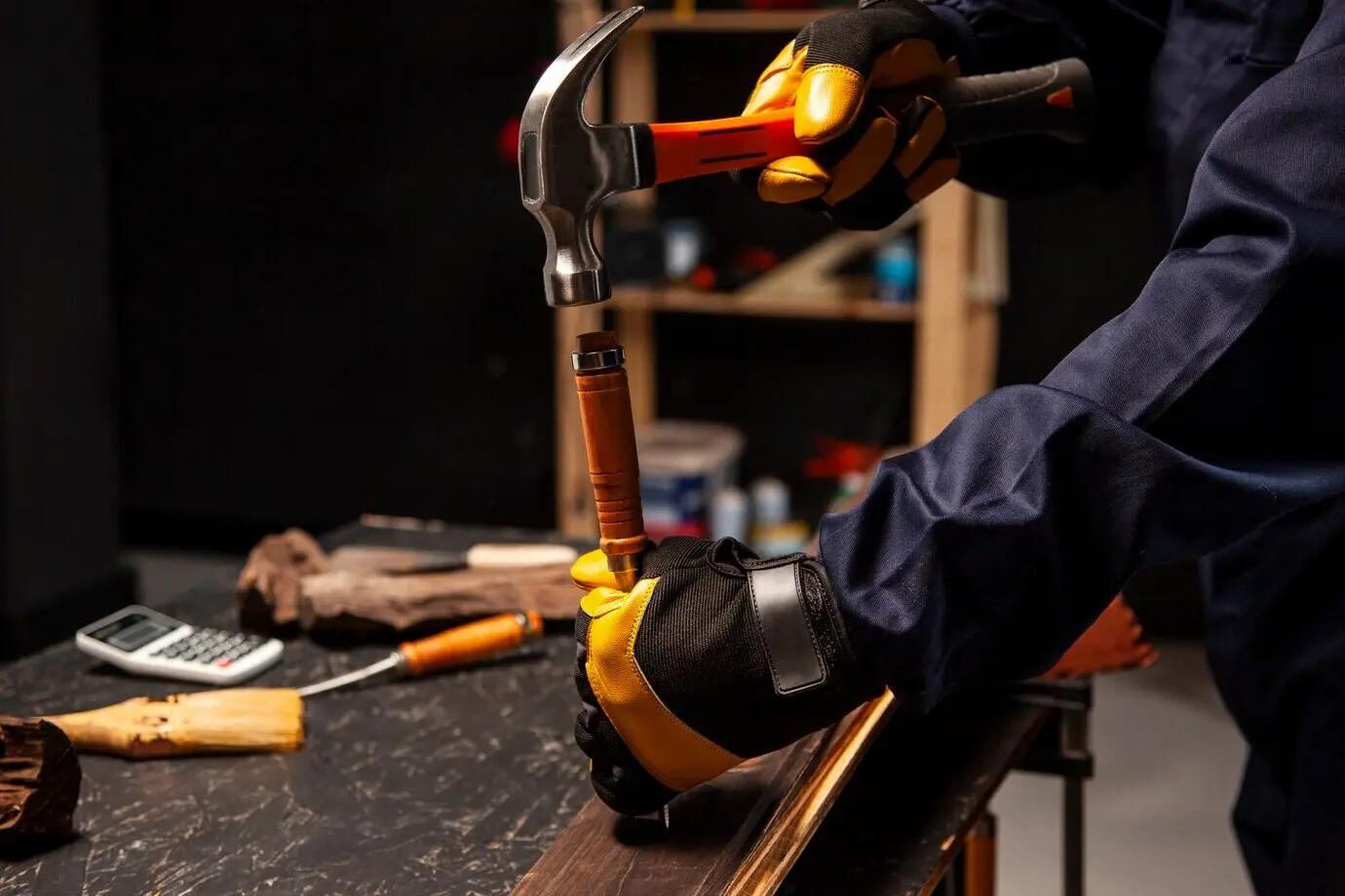 Seitenansicht eines Arbeiters, der einen Hammer benutzt.