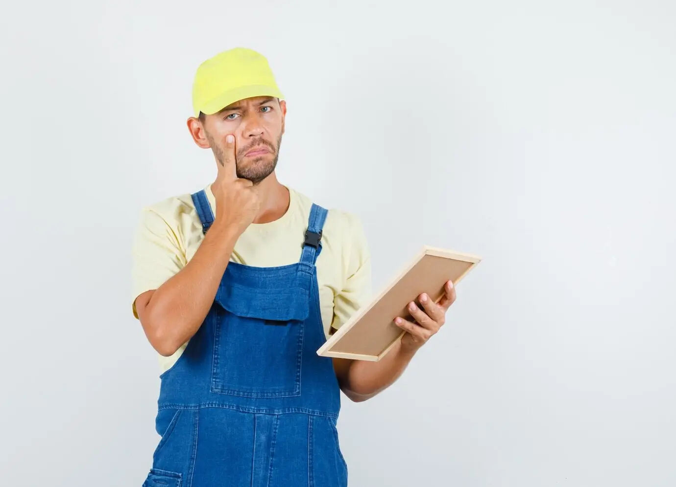 Vorderansicht eines jungen Ladearbeiters in Uniform, der eine Tafel hält, den Finger an der Wange hat und traurig schaut.